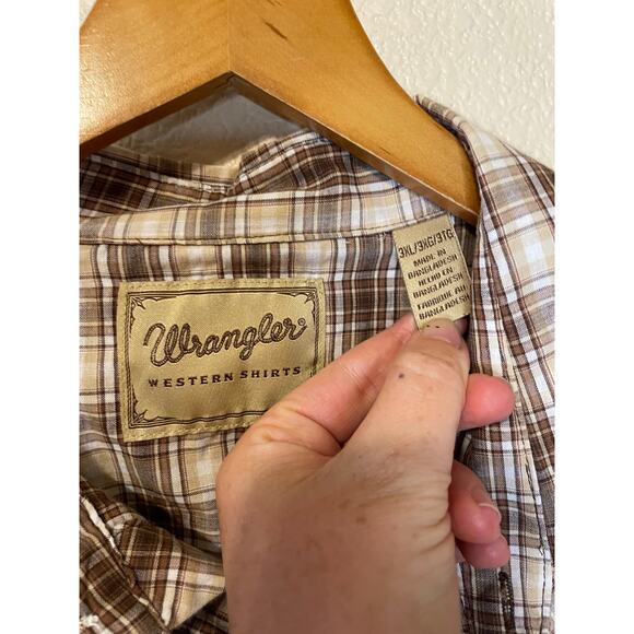 Wrangler Western Shirts Men's Brown & Cream Plaid Short Sleeve Button Up 3XL - Picture 3 of 11